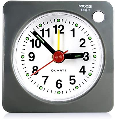 Silent Alarm Clock, Mini Travel Alarm Clock with Snooze and Nightlight, Small Alarm Clocks Bedside Silent Analog Quartz Clock Battery Powered Quiet Non Ticking Clocks for Bedroom Traveling (Gray)
