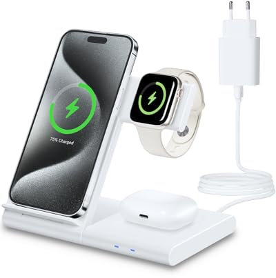 3 in 1 Ladestation Apple Watch und iPhone, 18W Induktive Ladestation Schnelles Kabelloses Ladegerät Ständer für iPhone 16/15/14/13/12/11/Pro/Max/XS/XR/X/8/Plus, iWatch 10/9/8/7/6/SE/5/4/3/2 & AirPods