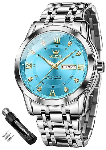OLEVS Herrenuhren Silber Blau Edelstahl Uhr Männer mit Diamant Gesicht Quarz Wasserdicht Lässige Elegante Armbanduhr Geschenk