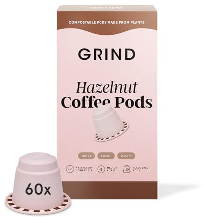 Grind Hazelnut Coffee Pods – Pack of 60 Biodegradable Capsules – 100% Arabica – Nespresso® Original Compatible – Home Compostable – Barista Quality and Specialty Grade – Medium Roast