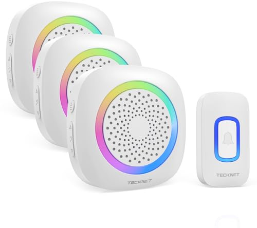 TECKNET Funkklingel mit 3 Empfängern, Kabellose Türklingel RGB, Weiß | IP66 Wasserdicht Außen Batteriebetrieben, 400m Reichweite, 60 Melodien, Haustür Kit mit 4,5 Jahre Lebensdauer