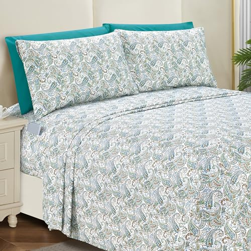 Elegant Comfort Softest and Coziest 6-Piece Bedding Bed Sheet Set - 1500 Premium Hotel Quality Microfiber - Deep Pocket, Wrinkle Resistant 6-Piece Paisley Pattern Bed Sheets, King, Paisley Teal
