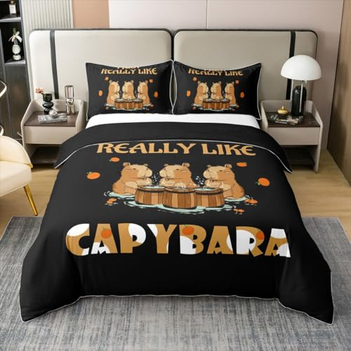Braun Capybara 100% Baumwolle Bettwäsche Set 135x200,Kawaii Capybara Bettbezug für Kinder Jungen Mädchen,Nette Lustige Haustier Tröster Abdeckung,Cartoon Wildlife Tier mit Reißverschluss Verschluss
