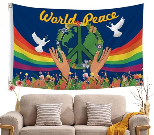 Bandiera della pace mondiale, bandiera del giardino della pace - Bandiera banner simbolo segno di pace,Bandiera della pace mondiale da esterno, 9,1 x 1,5 m, colore vivido con occhielli in ottone, deco