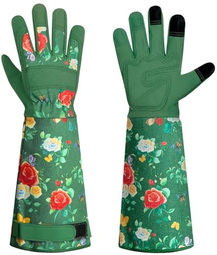 DLY Lange Gartenhandschuhe Damen, Arbeitshandschuhe, Grün, Klein | Atmungsaktiv, bequem, Mikrofaser, 3-Finger-Touchscreen, Unterarmschutz, Gartenhandschuhe,Unkrautjäten und Gartenarbeit