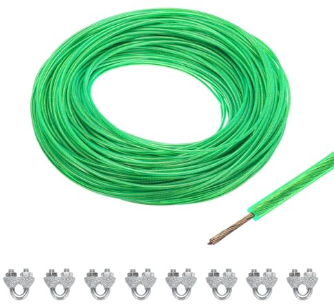 QUARKZMAN 60 Meter x 2,5mm Drahtseil Verzinkte, Stahlseil Spanndraht Ummantelt mit 8 x M3 Drahtseilklemme, Stahlkern Gardinenseil Wäscheleine Forstseil für Kletterpflanzen Vorhang, Grün