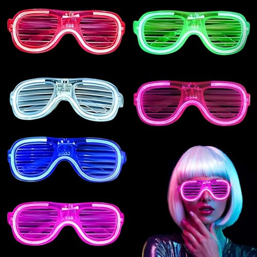 6Pcs Neon Party Glasses, LED Light up Glasses Flashing Glow Sunlasses, Luminous Shutter Rave Glasses for Adults 80s 90s Discos Party Concert Halloween New Years Eve Xmas Party Bag Filles(6 Color)