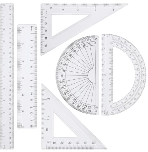6pcs Geometry Set With 15cm/30cm Clear Ruler, Protractor, Inches & Metric for School, Classroom and Office - Math Secondary School Must Haves