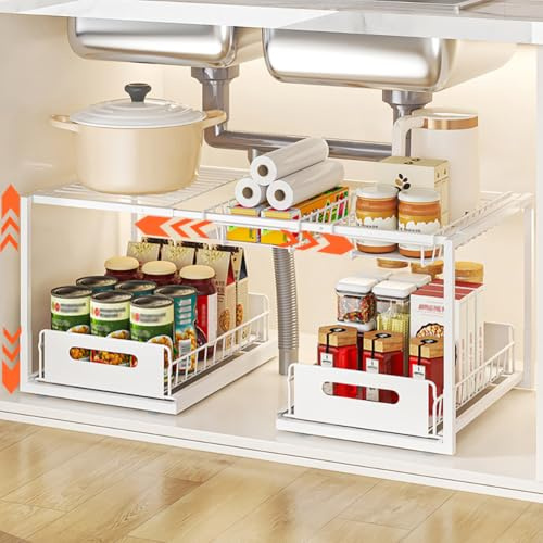 YunNasi Unterschrank Organizer Ausziehbar Metall, Weiß, B-Stil | 2-Ebenen Spülschrank Organizer Höhenverstellbar Küchenschrank , Unter Waschbecken Regal Für Schränke Küche Badezimmer