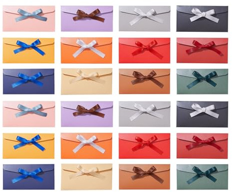 24 Stück Kraftpapier Retro Vintage Umschläge mit Farbige Bändern für Geschenkkarten, Partykarten, Einladungen, Weihnachten, Einladungen und Hochzeit