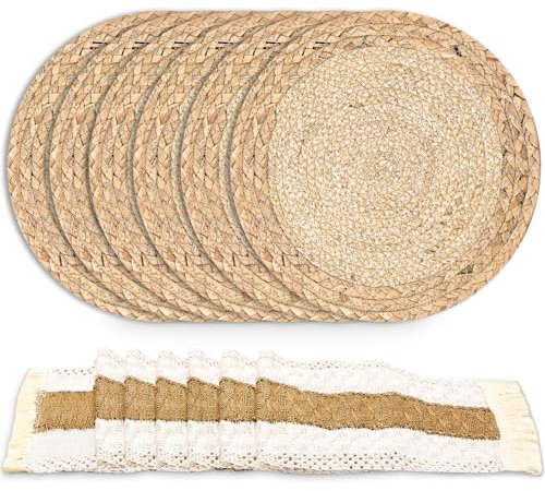 Zaxiva Set di 6 Tovagliette Boho, Tovagliette Rotonde Intrecciata a Mano con Colori Primari e Tela di lino e Cotone con Nappa, per Tavolo da Pranzo e Cucina, Accessori Casa Arredamento