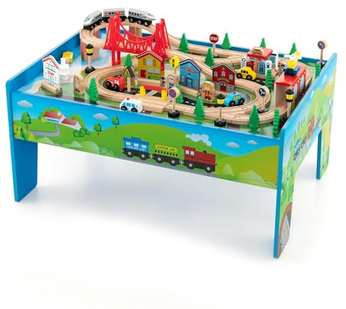 FANTASK Set di 80 ferroviari per bambini, tavolo da gioco in legno con tavolo reversibile e rimovibile, giocattolo per bambini dai 3 anni in su (80 pezzi)
