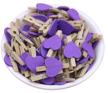 Rockreyoa Mollette in legno a forma di cuore, piccole mollette colorate a forma di cuore, in legno, piccole mollette decorative in legno, 100 pezzi, colore: viola