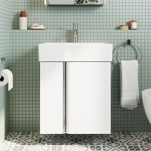 BRIDGE BENO Mobiletto Da Bagno Da 50 cm Con Lavabo in Ceramica Per Wc Ospiti, Mobile Compatto Per Piccoli Spazi, Bianco Opaco