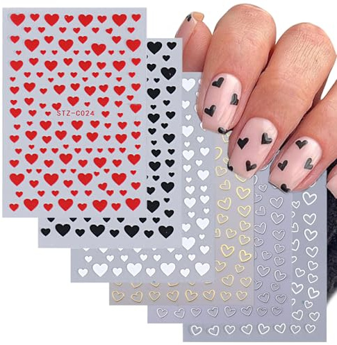 6 Blätter Herzförmig Nagelstickers, Valentinstag Herz Selbstklebend Nagelaufkleber, Rot Gold Silber Nail Art Sticker Nail Decals Dekoration für Frauen Mädchen DIY Nageldesign Zubehör