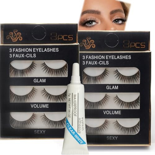 2PCS Fluffy False Eyelashes - 6 Pairs 3D Handmade Lashes for Volume, Length and Wispy Look - Includes Glue - Natural Cross Fake Lashes for Daily and Party Wear