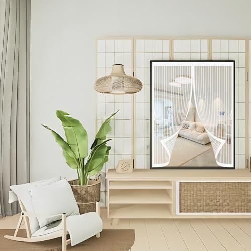 Rideau Moustiquaire Fenetre 115 x 118 cm Anti-Moustiques, Fermeture Automatique, Sans Perçage, Maille Fine, Rideau de Anti-Insectes pour Portes, Différentes Tailles, Blanc