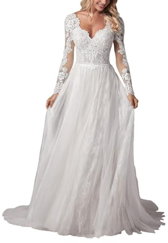 JAEDEN Langarm Boho Brautkleider V-Ausschnitt Hochzeitskleider Spitze Standesamtkleid A-Linie Brautmode Weiß 38