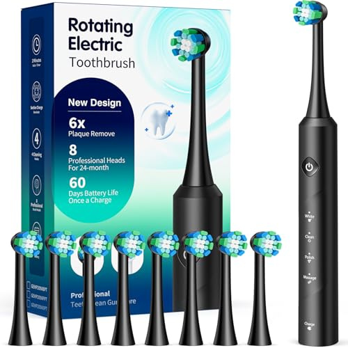 Rotating Electric Toothbrush for Adults, 8 Brush Heads & Fast Charging, 60-Day Long-Lasting Battery, 4 Modes, IPX7 Waterproof, 2-Minute Smart Timer for Professional Clean (Black)