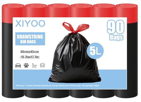 XIYOO Small Black Bin Bags 5l Bin Liners for Bathroom Thick Plastic Trash Bags with Tie Tape Drawstring Handles 90 Counts Mini Garbage Bags Toilet Rubbish Bags Pedal Waste Bags