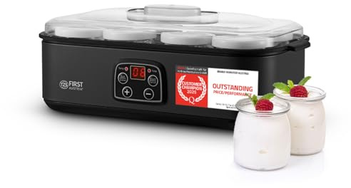 TZS First Austria - Joghurtbereiter 25W inkl. 8 Glasbehälter à 180 ml für bis 1,4L selbstgemachten Joghurt - Yogurt Maker mit Temperatur 20-55°C, Abschaltautomatik & LCD-Display - Joghurtmaschine grau