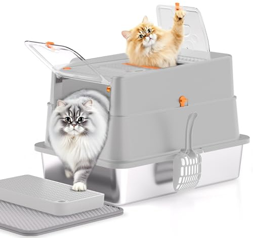 APPKER Stainless Steel Litter Tray with Lid, XXL Enclosed Cat Litter Tray for Big Cats, Easy to Clean High Sided Metal Kitty, Front & Top Entry, Scoop, Mat & Foot Pedal - Light Gray