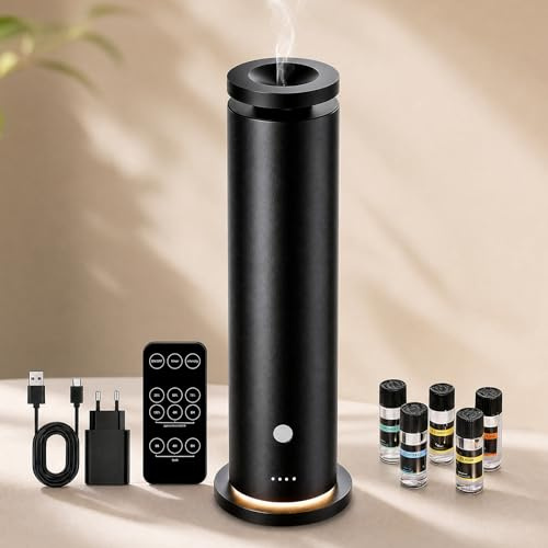 Difusor de Aceites Esenciales sin Agua, Starter Kit 5 Aceites, Difusor de Aromas 150 m², 6 Niveles, Mando, Temporizador, 20 dB, Negro