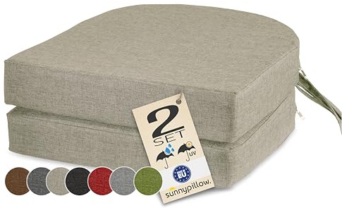sunnypillow 2er Set Stuhlkissen Outdoor, wasserdicht UV-lichtecht 40 x 40 x 7cm dick - Polsterauflage mit Bändern - Auflage für Stühle,Bänke - Sitzkissen Stuhlauflage für Haus und Garten - Cremefarben