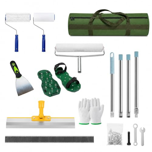 12-Teiliges Bodenbeschichtung Set Epoxidharz Bodenbeschichtung Tool | mit Doppelte Entlüftungsrollen, Rakel, Stachelschuhe, Teleskopstiel, Stachel , Rasenlocher, Handschuhe, Aufbewahrungstasche