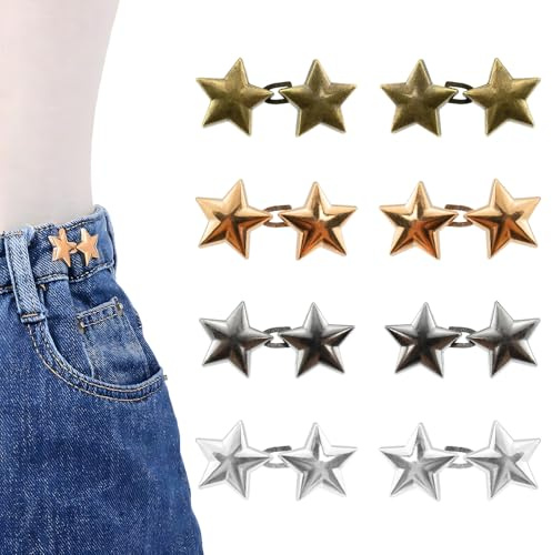8 Stern Hosenbund Clip Verstellbar Taillenschnalle 4 Farben Metall Hosen | Abnehmbare Hosenknöpfe ohne Nähen, Jeans Röcke Taillenspanner, Silber Gold Schwarz Bronze Knöpfe Garderobe Bekleidung