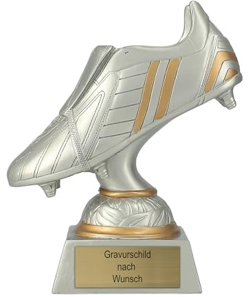 Pokal mit Gravur Wunschtext, Design Fußball-Schuh, Gold/Silber, 17 cm | Personalisierte Auszeichnung für Fußball WM & Sport Events, inkl. Marmorsockel, Geschenk-Trophäe für Kinder