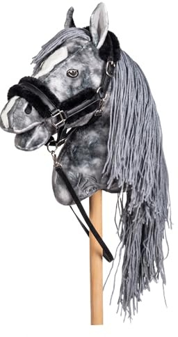 Holly & Claire HKM Hobby Horse Set: Steckenpferd Grau mit Trense & flauschigem Kunstfell-Halfter Schwarz | 40 cm Holzstiel | Reitsport-Spielzeug