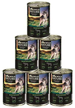 Dehner Wild Nature Hundefutter Bergweide, Nassfutter getreidefrei / zuckerfrei, für ausgewachsene Hunde, Pferd, 6 x 400 g Dose (2.4 kg)
