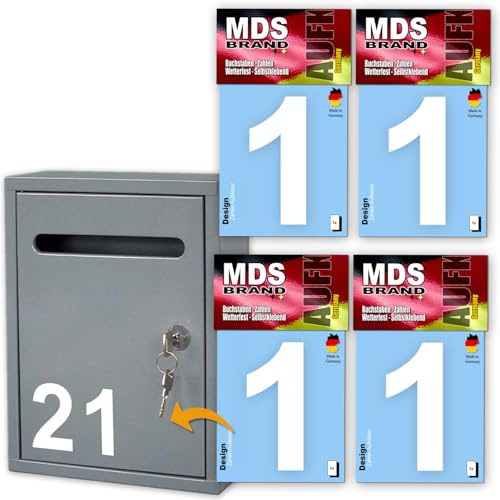 MDS Brand 10cm Zahlen Aufkleber | 4x Stück | Selbstklebende Klebezahlen für Briefkasten, Mülltonne, Hausnummer Aufkleber für Außen & Innen Weiss (1)