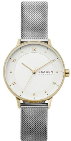 Skagen Damenuhr Riis, Dreizeiger Uhrwerk, 36mm Gold Edelstahlgehäuse mit Edelstahl Mesh Armband, SKW2912, Silber
