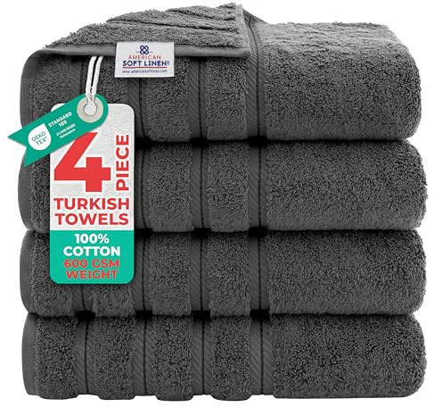 American Soft Linen Luxury 4 Piece Bath Towel Set, 600 GSM 100% Cotton Turkish Bath Towels for Bathroom, 27x54 in Large Bathroom Shower Towels, Dark Gray