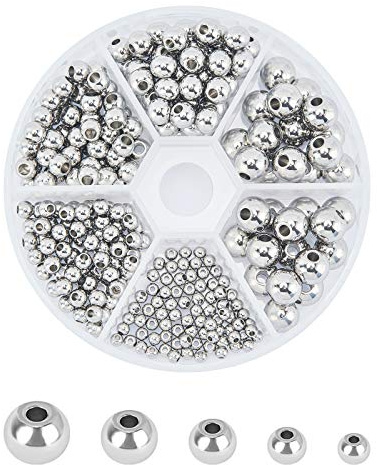 UNICRAFTALE Ca. 290 Stk 5 Größen Runde Abstandsperlen Edelstahl Perlen 3/4/5/6/8 mm Runde Perlen 1.5-2.5mm Loch Zwischenperlen Für DIY Armbänder Halsketten Schmuckherstellung, Edelstahl Farbe