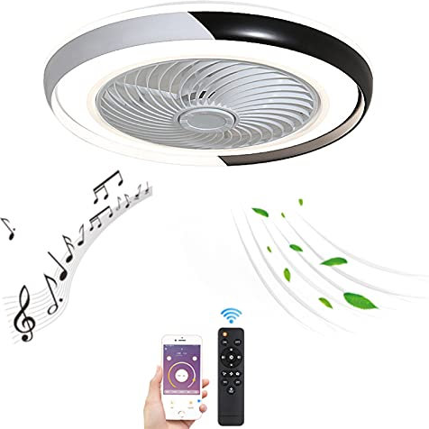 VOMI Modern Leise Deckenventilator mit Fernbedienung Dimmbar Deckenlampe Bluetooth Lautsprecher LED Deckenleuchte mit Ventilator Wohnzimmer Musik Unsichtbar Ventilator für Schlafzimmer, Schwarz