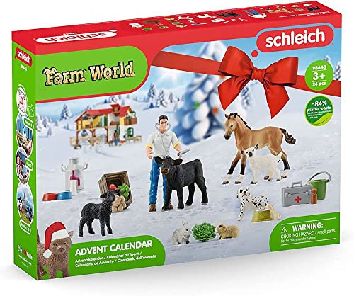 schleich FARM WORLD, Adventskalender 2025 - 98643, mit beweglicher Tierarzt Figur, Pferd, Hund, Schaf, Kalb und Zubehör, Bauernhof Spielzeug und Geschenkidee für Kinder ab 3 Jahren, Set aus 24 Teilen