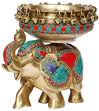 Kartique Urli-Schüssel aus Messing, für Heimdekoration, groß, traditionelles Urli auf Elefant mit Glocken für Heimdekoration, Blütenblätter im Wasser, Höhe 19 cm, mehrfarbig, Größe M