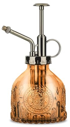 KoGiio Pflanzen Glas Sprühflasche, 200ml Retro Relief Pflanzensprüher mit Pumpe, Fortschrittlich Blumen Zerstäuber Drucksprüher für Balkon Kleiner Gartenpflanzen Indoor Haus Oder Büro-Braun