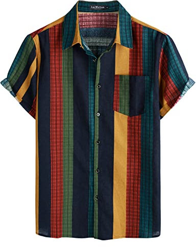 LucMatton Men's Linen 70s Hippie Style Floral Print Shirt Short Sleeve Button Down Hawaiian Shirts Multicolor Stripe Medium