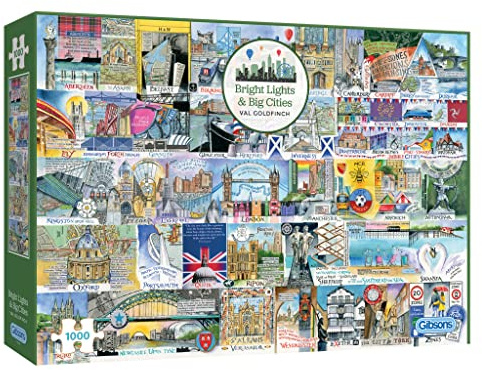 Gibsons Bright Light & Big Cities 1000 Piece Jigsaw Puzzle for Adults - UK Cities by Val Goldfinch Colourful Landmark Art - Premium Sustainable Puzzle Made in the UK/EU