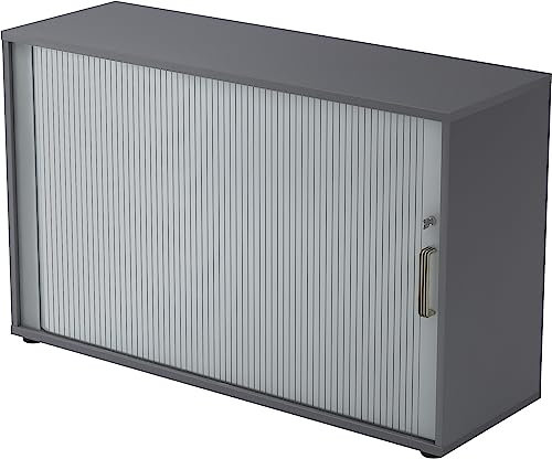 bümö Aktenschrank abschließbar mit Rollladen, Rollladenschrank für Ordner & Co. - Büroschrank mit Rollo, abschließbarer Ordnerschrank aus Holz in Graphit/Silber mit Streifengriff