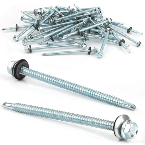 Lot de 50 vis à tôle trapézoïdale, auto-taraudeuses, 6,3 x 100 mm, hexagonales, avec rondelle d'étanchéité, galvanisées, vis à tôle auto-taraudeuses, pour toit en métal, argentées