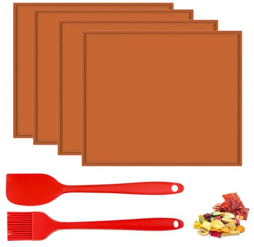 4 Stück Silikon Backmatte mit Rand 31 x 27 cm, Silikon-Dörrplatten mit Silikonbürste und Schaber, Antihaftbeschichtetes Backblech für Obst, Fleisch, Gemüse, Kräuter