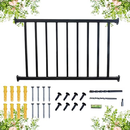 Metal Guard Railing Kit with Balusters 9 Railings，Black Decking Railings Porch Indoor Outdoor Hand Railing，3-7/8 Feet Wide