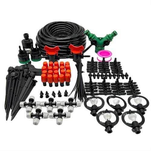 Kit de riego por goteo de 100 pies + 143 piezas, sistema de jardín con boquilla ajustable, aspersor de agua y kit de riego automático, refrigeración por nebulización para invernadero, color negro