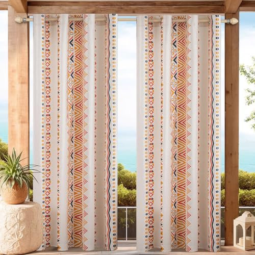 Outdoor Vorhang Wetterfest mit Ösen Vorhang Transparente Outdoor Vorhang Gardinen B132xH244cm Leinen Boho Ösenvorhang 2er Set für Balkon Terrasse Pergola Gartenlaube Veranda 2 Stück,Multi Orange