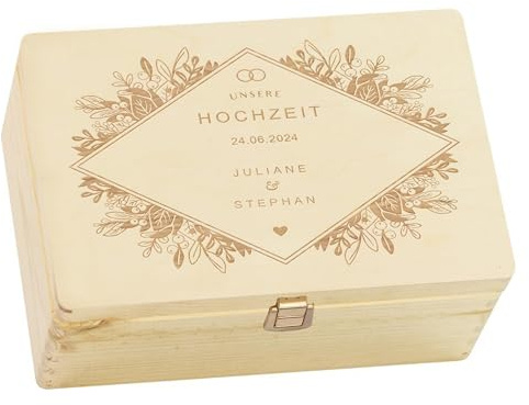 LAUBLUST Personalisierte Hochzeitskiste Erinnerung | Hochzeits Erinnerungsbox mit Gravur - Florale Raute | Geschenke für Brautpaar - FSC® (Natur mit Verschluss, ca. 30 x 20 x 14 cm | M)